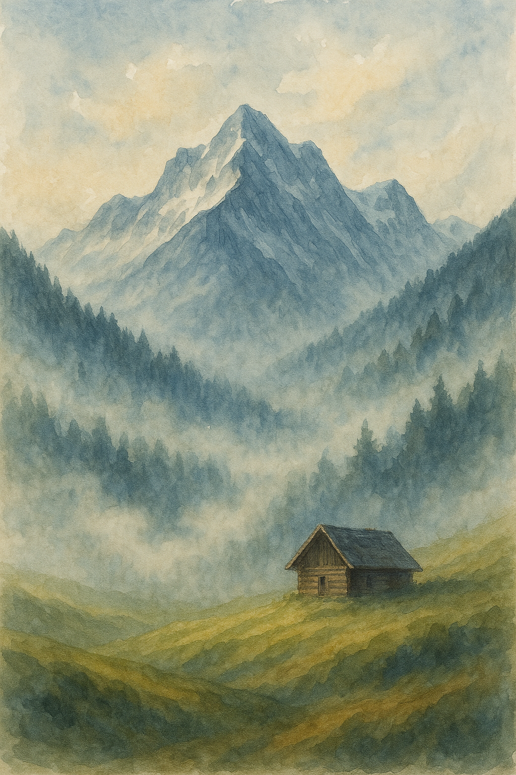 Watercolor Alps Landscape with Cabin
