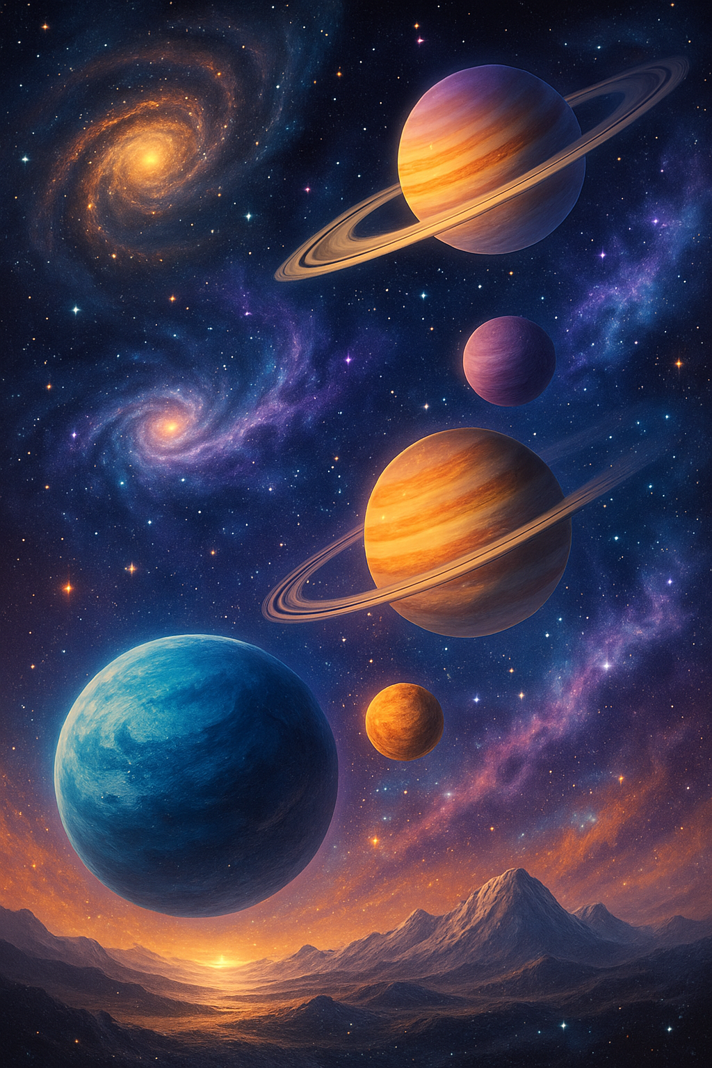 Cosmic Scene with Planets and Galaxies